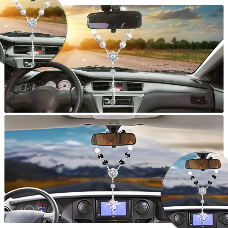 TEMI 2 Pieces Car Mirror Hanging Accessories Car Rosary with Cross Blessing Rosary  Beads Catholic for Woman Men Personalized Rearview Mirror Auto Rosary Hanging Accessories Interior Decors (White) - Image 5